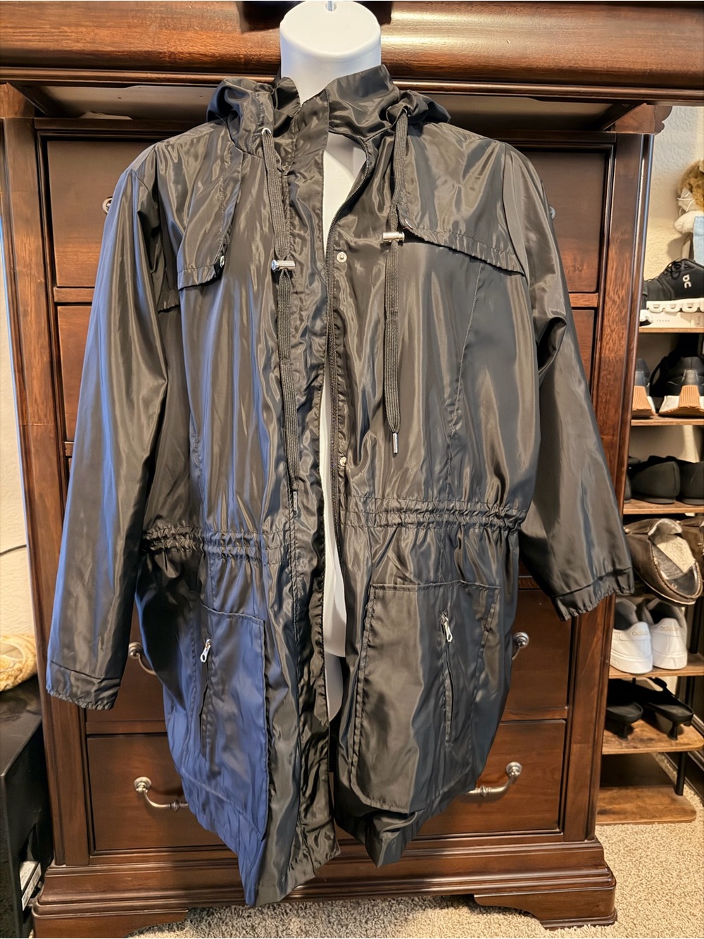 Me Jane Black Hooded Raincoat with Drawcord Waist